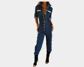 89 Dark Jean Pull-Up Silver & Black Pockets Jumpsuit - The Park Avenue