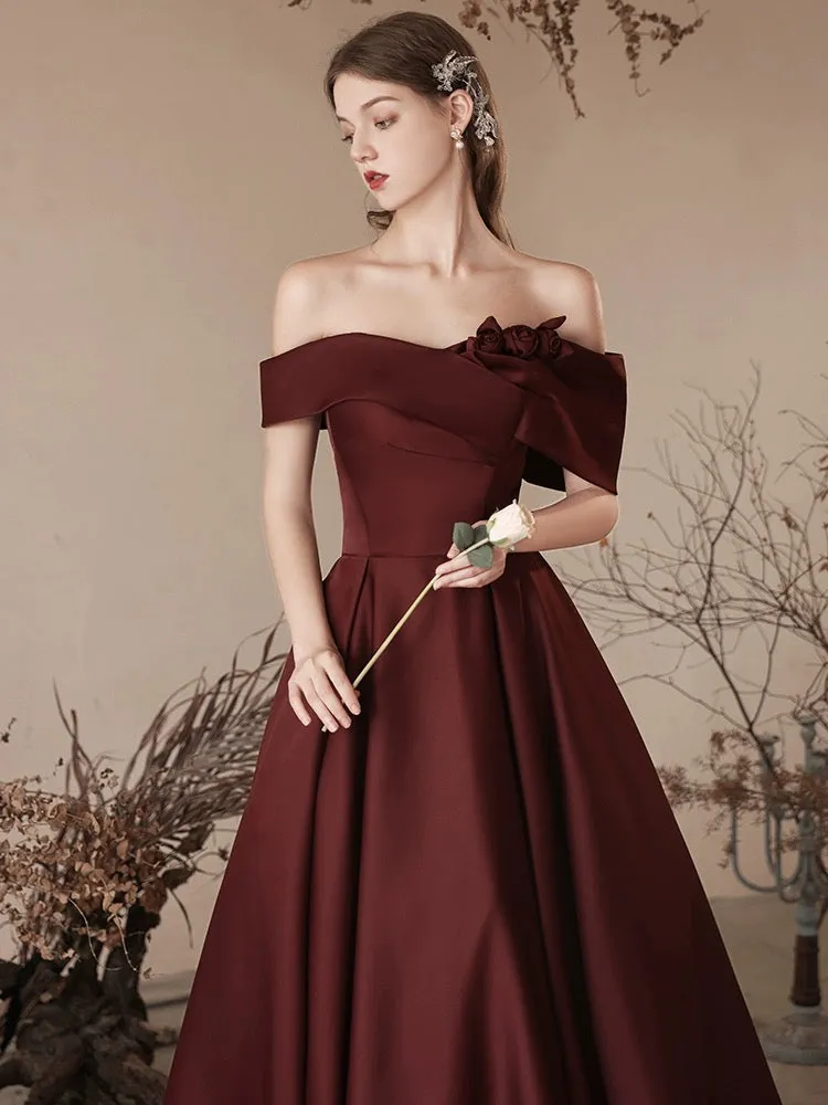 A-Line off Shoulder Satin Dark Burgundy Long Prom Dress, Satin Long Formal Dress