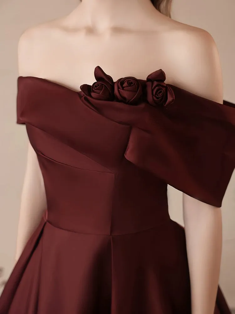 A-Line off Shoulder Satin Dark Burgundy Long Prom Dress, Satin Long Formal Dress