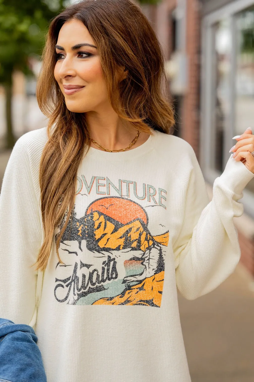 Adventure Awaits Ribbed Graphic Crewneck