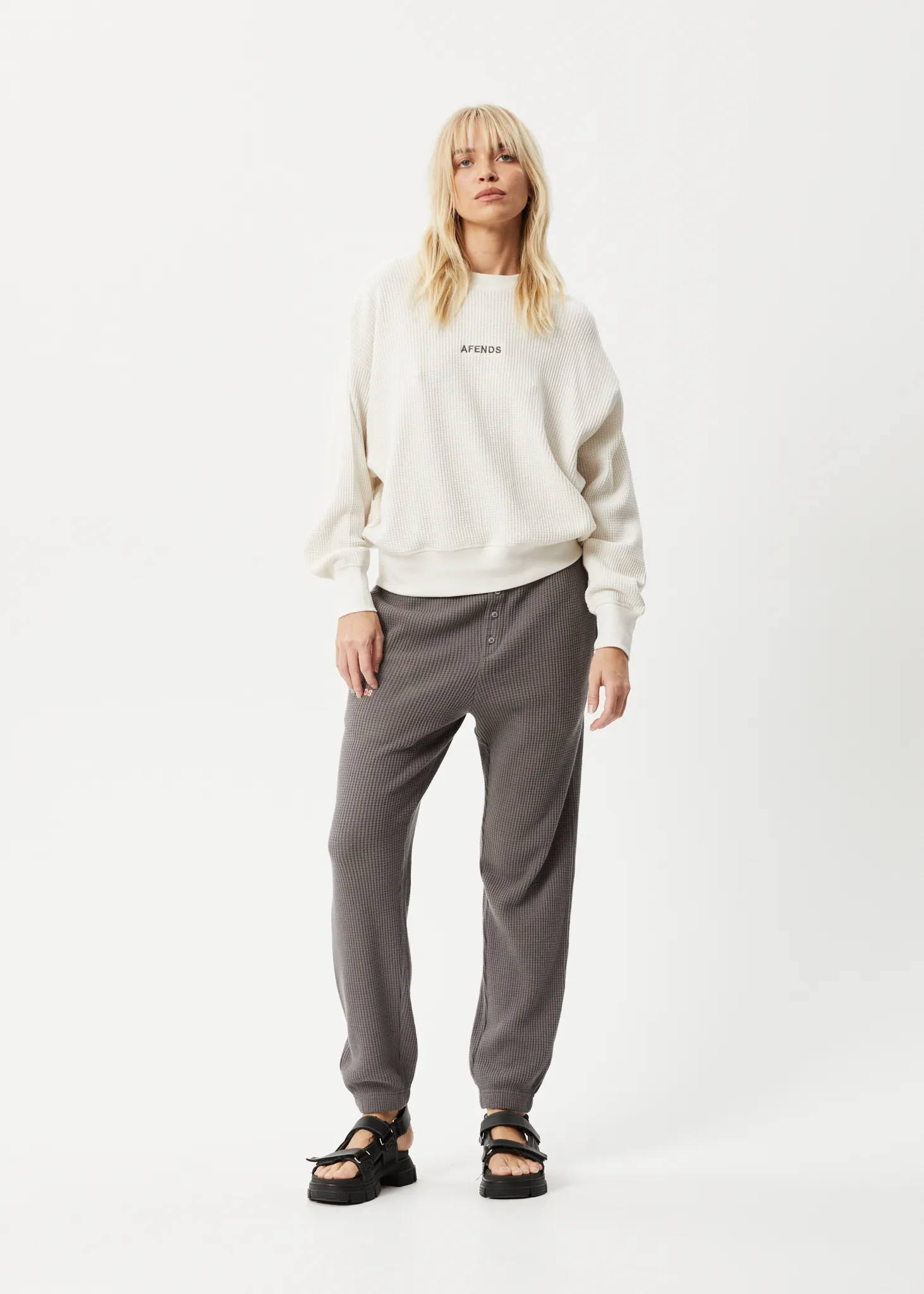 AFENDS Womens Ari - Waffle Crew Neck Jumper - Off White