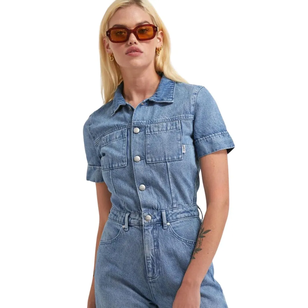 Afends Womens Miami Hemp Denim Flared Jumpsuit - Worn Blue