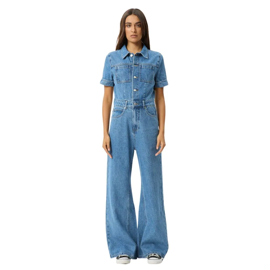 Afends Womens Miami Hemp Denim Flared Jumpsuit - Worn Blue