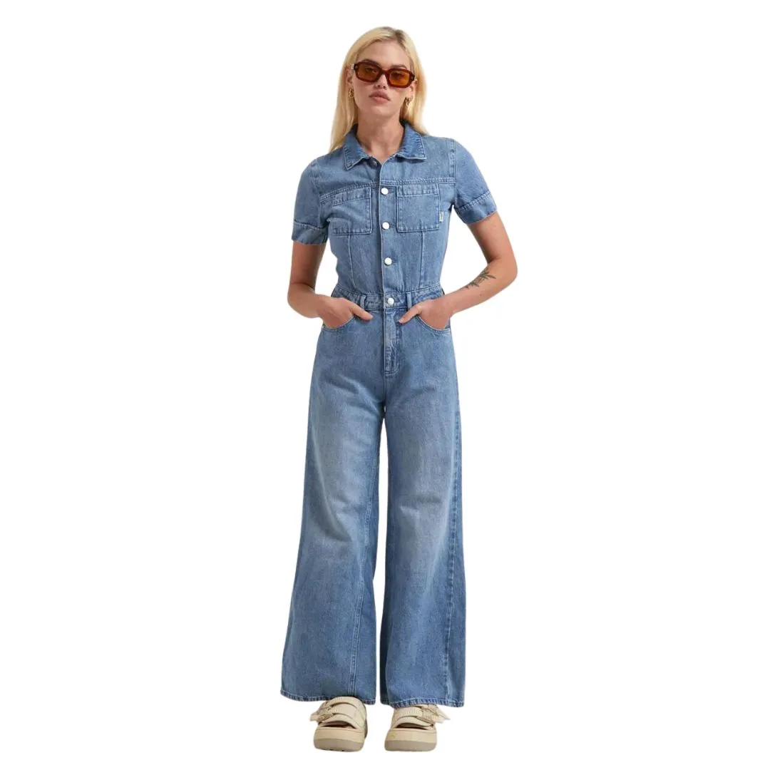 Afends Womens Miami Hemp Denim Flared Jumpsuit - Worn Blue