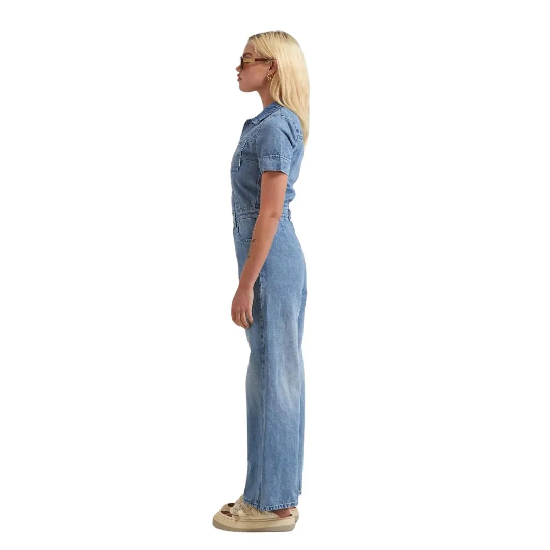 Afends Womens Miami Hemp Denim Flared Jumpsuit - Worn Blue