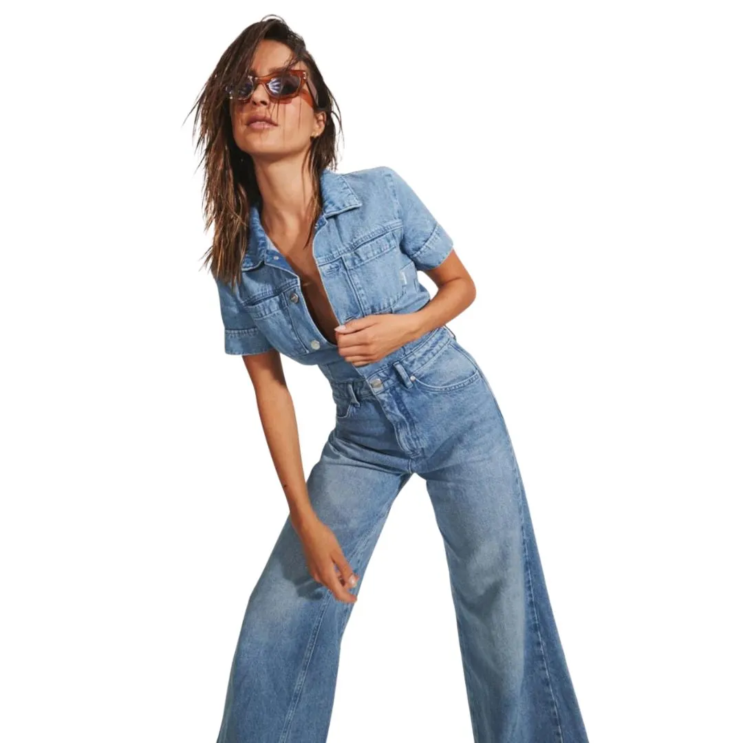 Afends Womens Miami Hemp Denim Flared Jumpsuit - Worn Blue