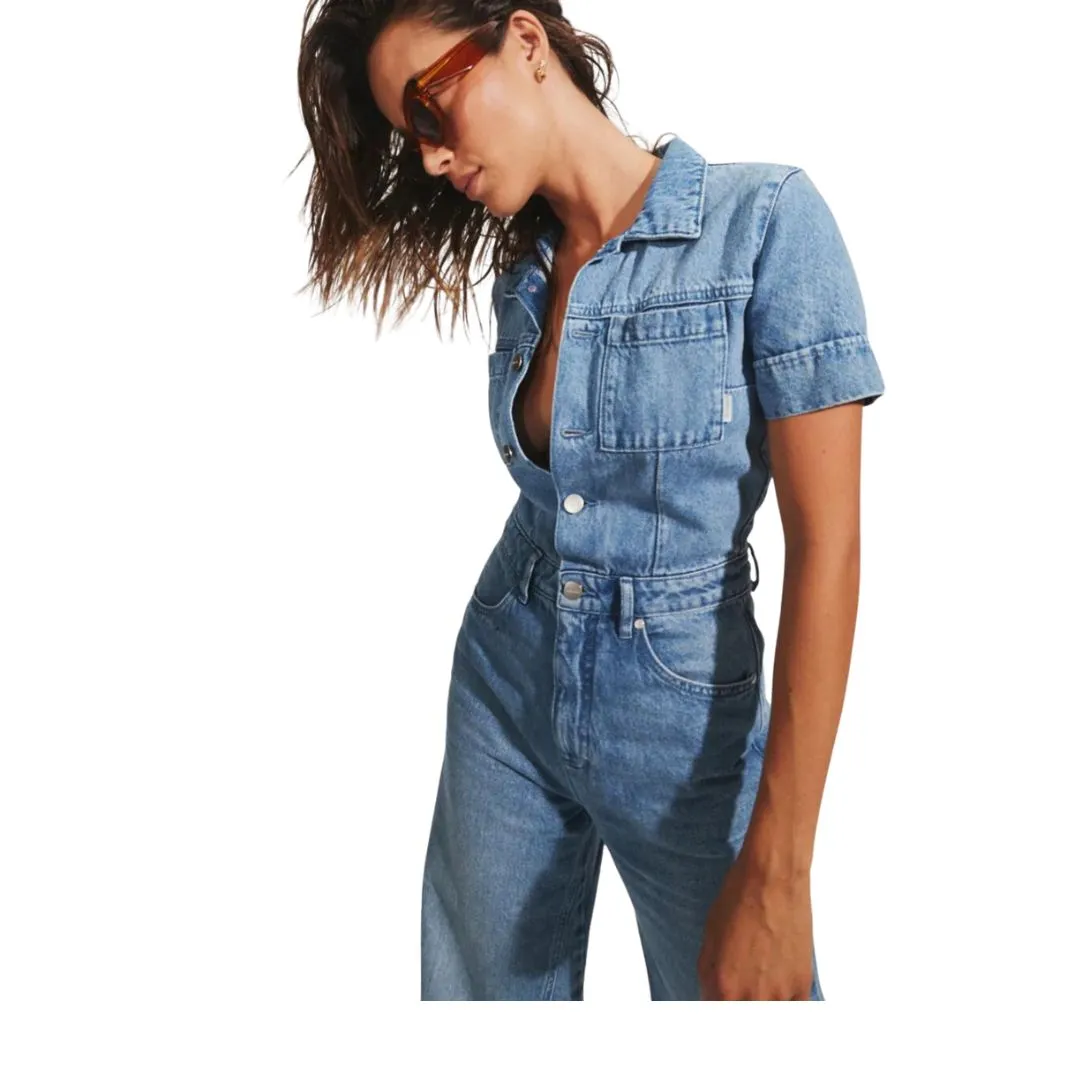 Afends Womens Miami Hemp Denim Flared Jumpsuit - Worn Blue