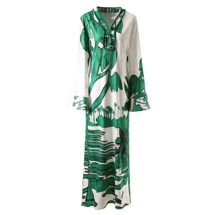 African Floral Print Maxi Dress - Elegant Long Sleeve Caftan Style