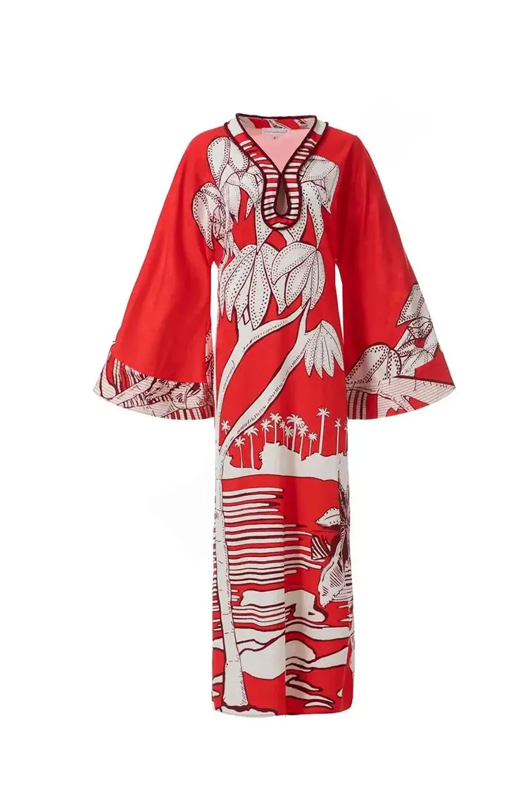 African Floral Print Maxi Dress - Elegant Long Sleeve Caftan Style