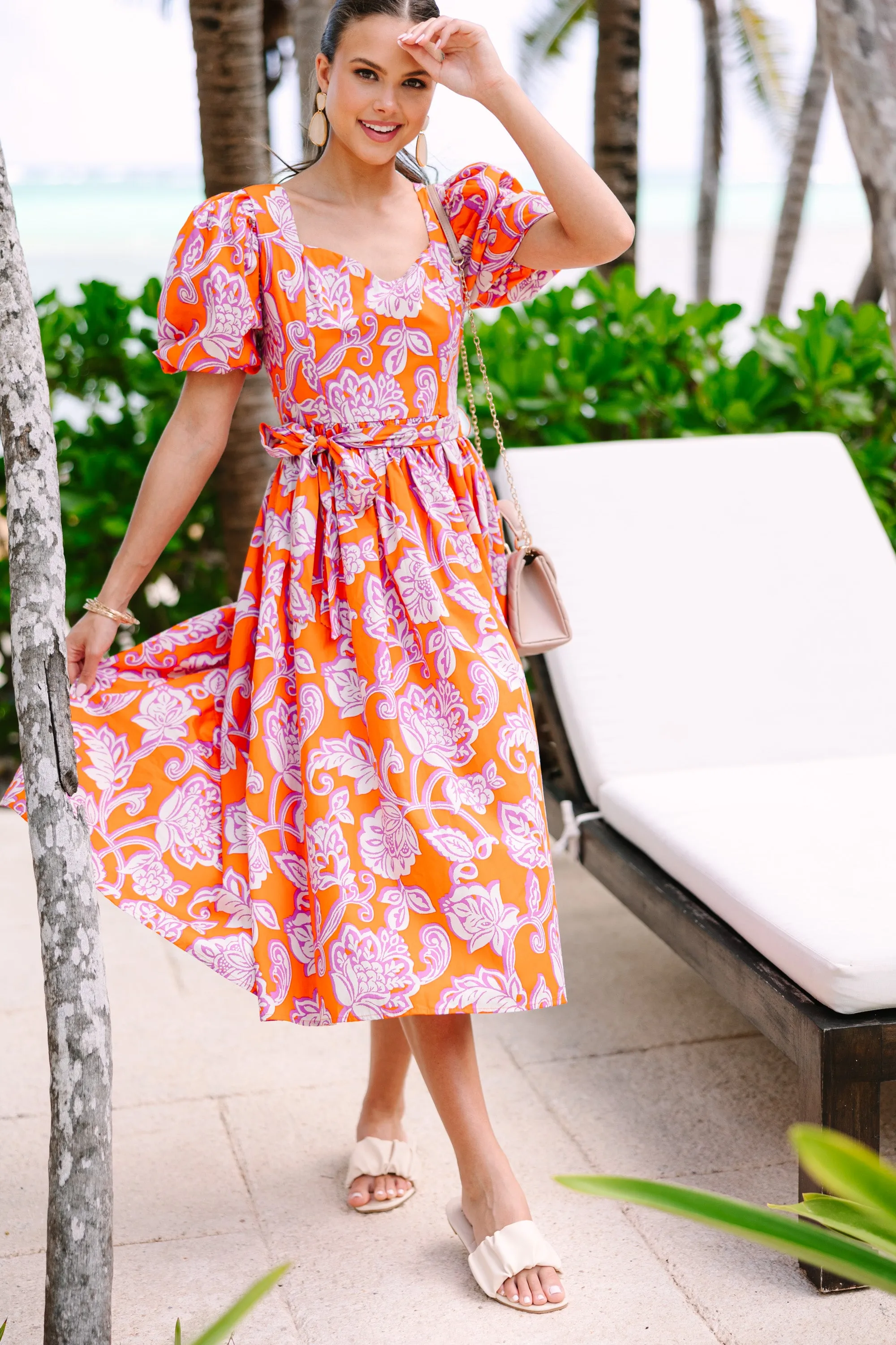 All For Love Orange Floral Midi Dress