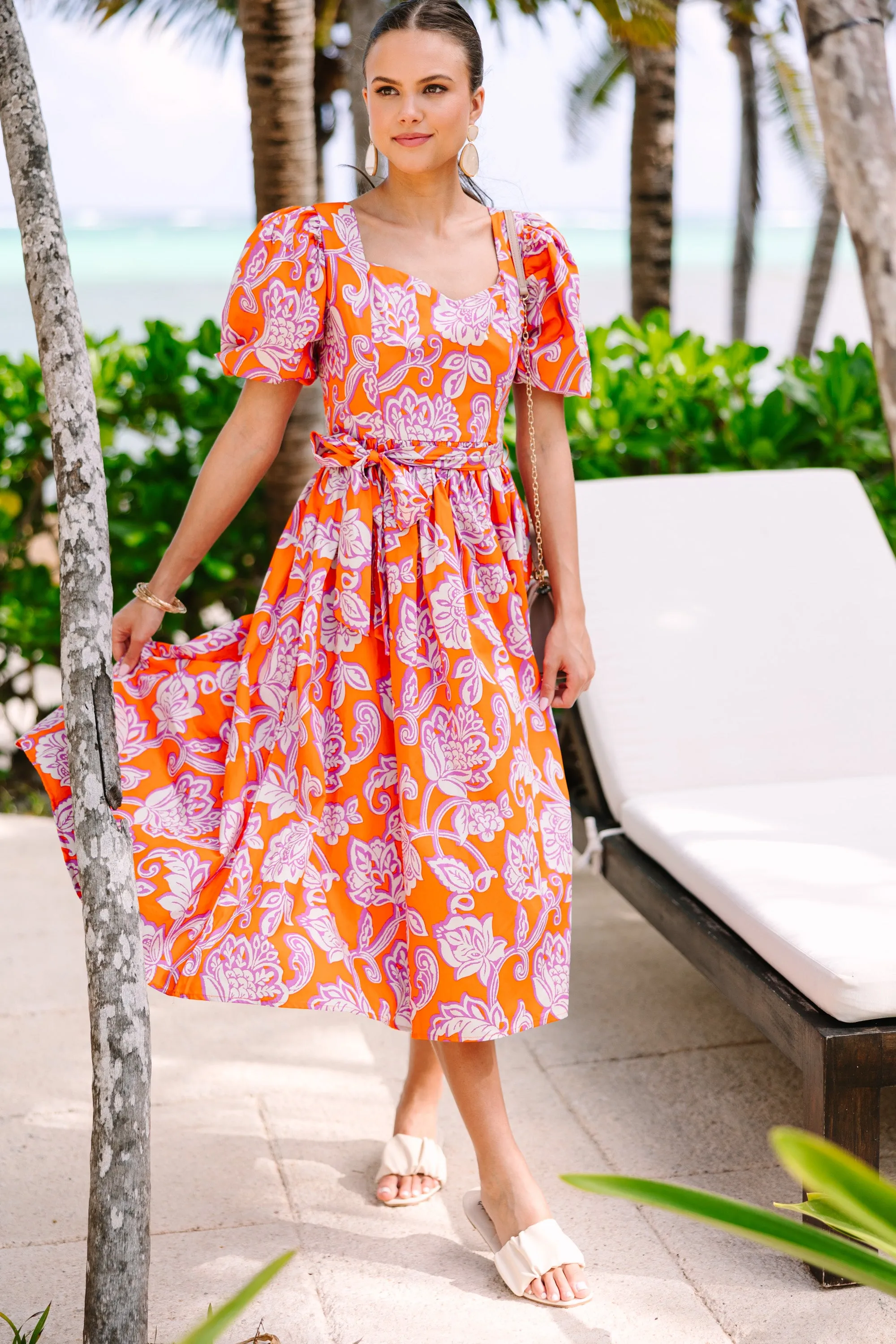 All For Love Orange Floral Midi Dress