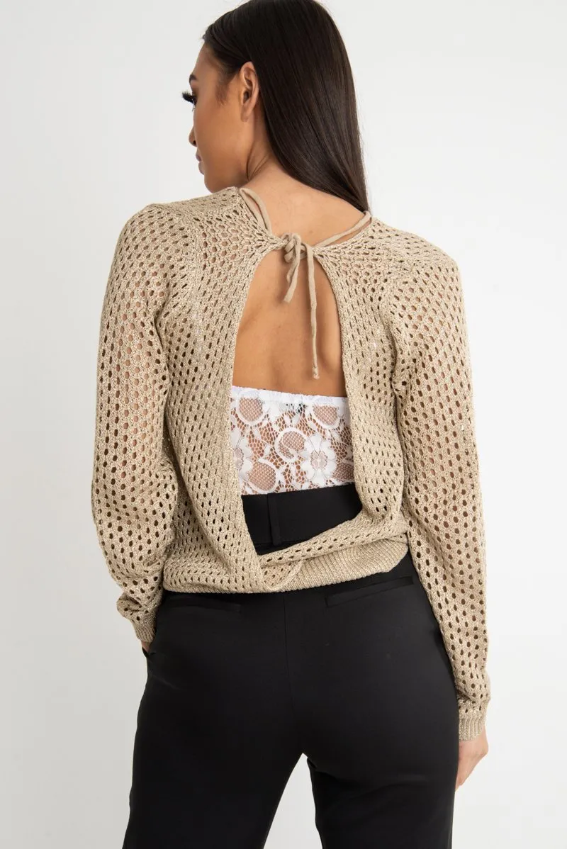 Beige Open Knit Backless Tie Back Jumper - Holdyn