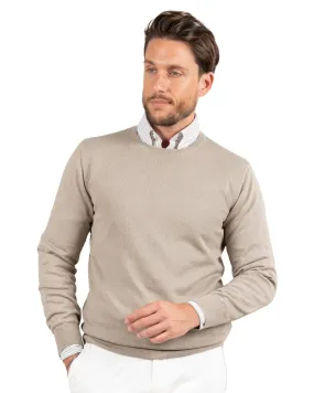 Beige Textured Front Cotton Crew Neck Jumper