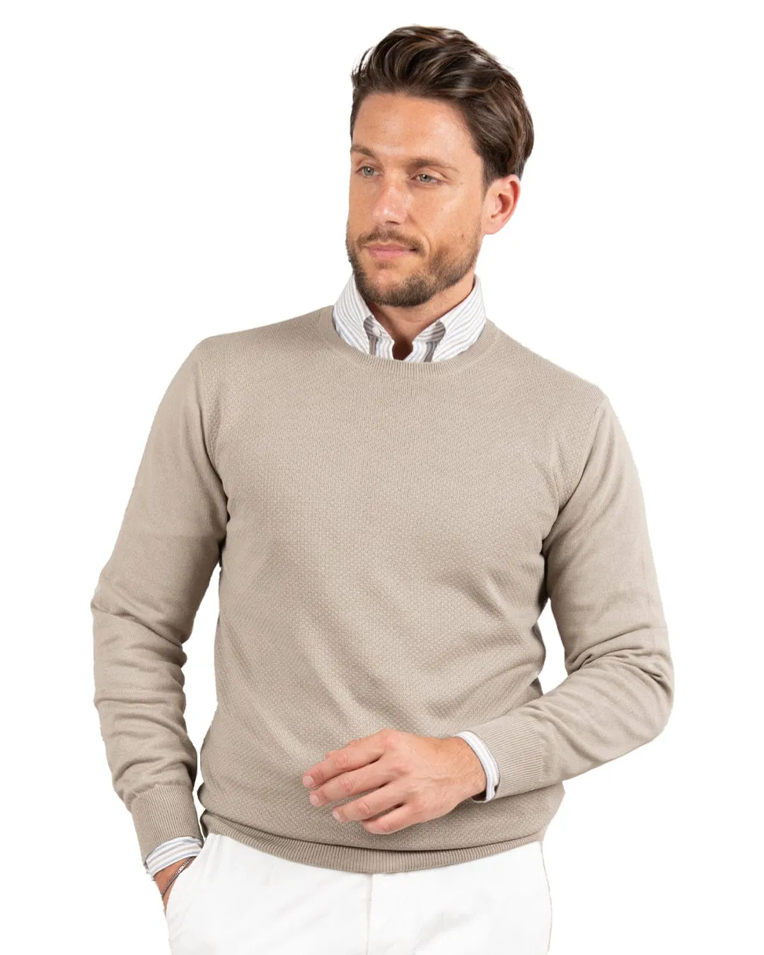 Beige Textured Front Cotton Crew Neck Jumper