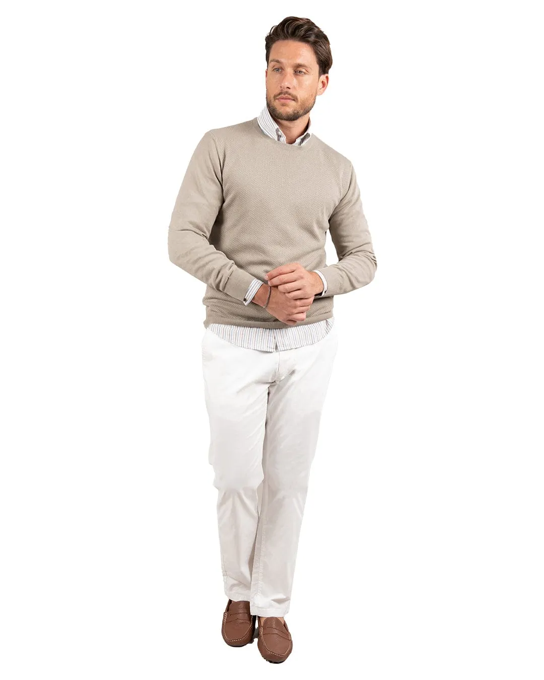 Beige Textured Front Cotton Crew Neck Jumper