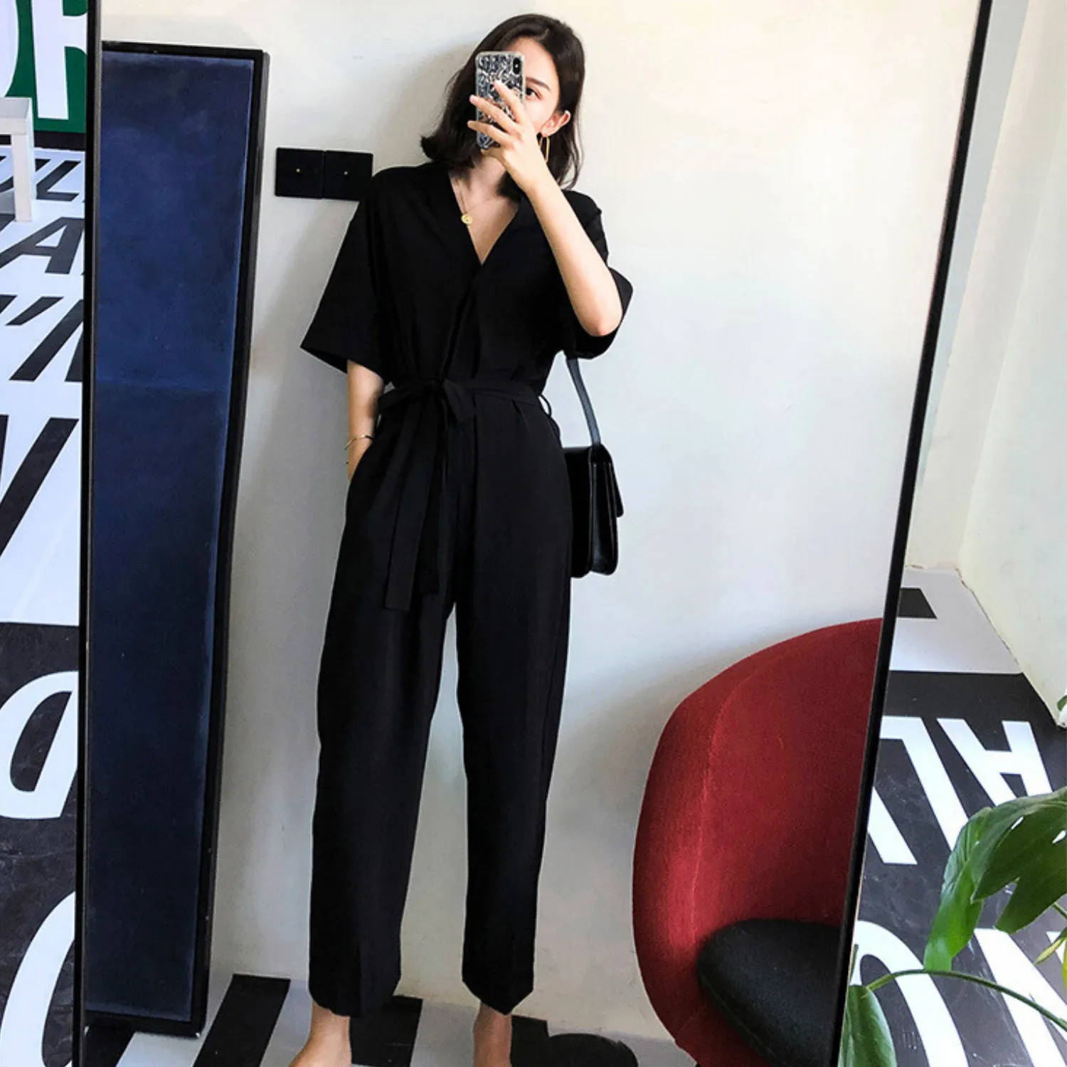 Belted Short Sleeve Jumpsuit With Pockets - Black