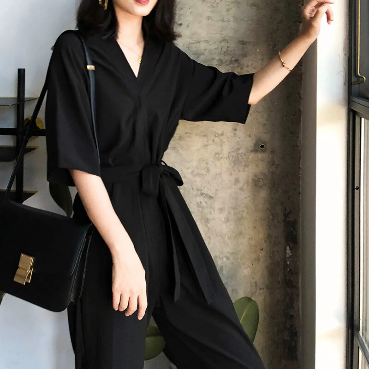 Belted Short Sleeve Jumpsuit With Pockets - Black