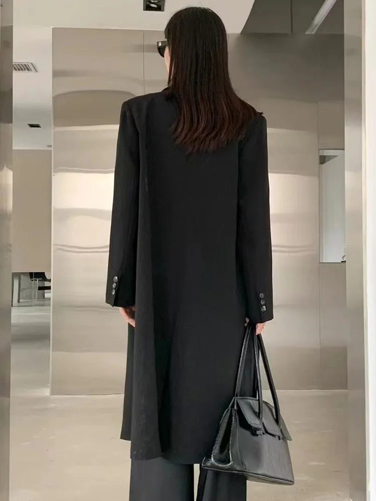 Black Elegant Trench Coat For Women Lapel Long Sleeve Double Breasted Solid Minimalist Coats Female Korean Fashion