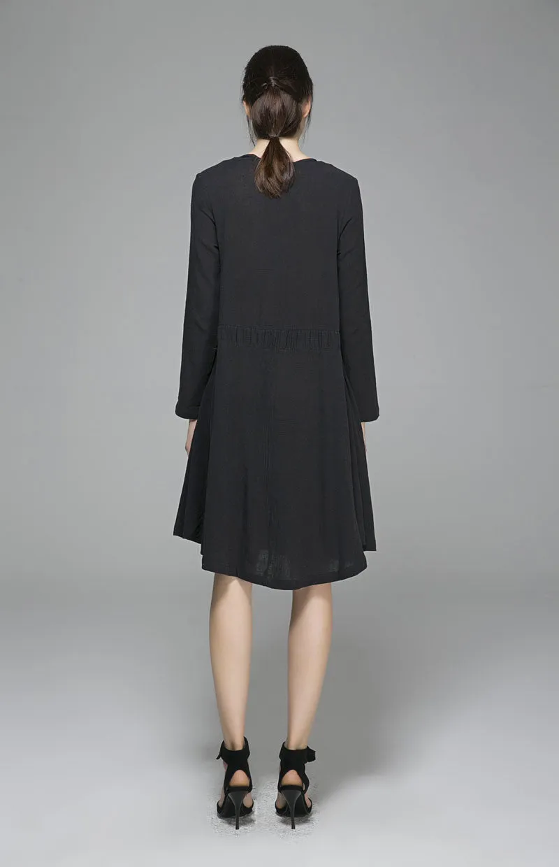 Black linen dress midi dress shirt dress 1399#