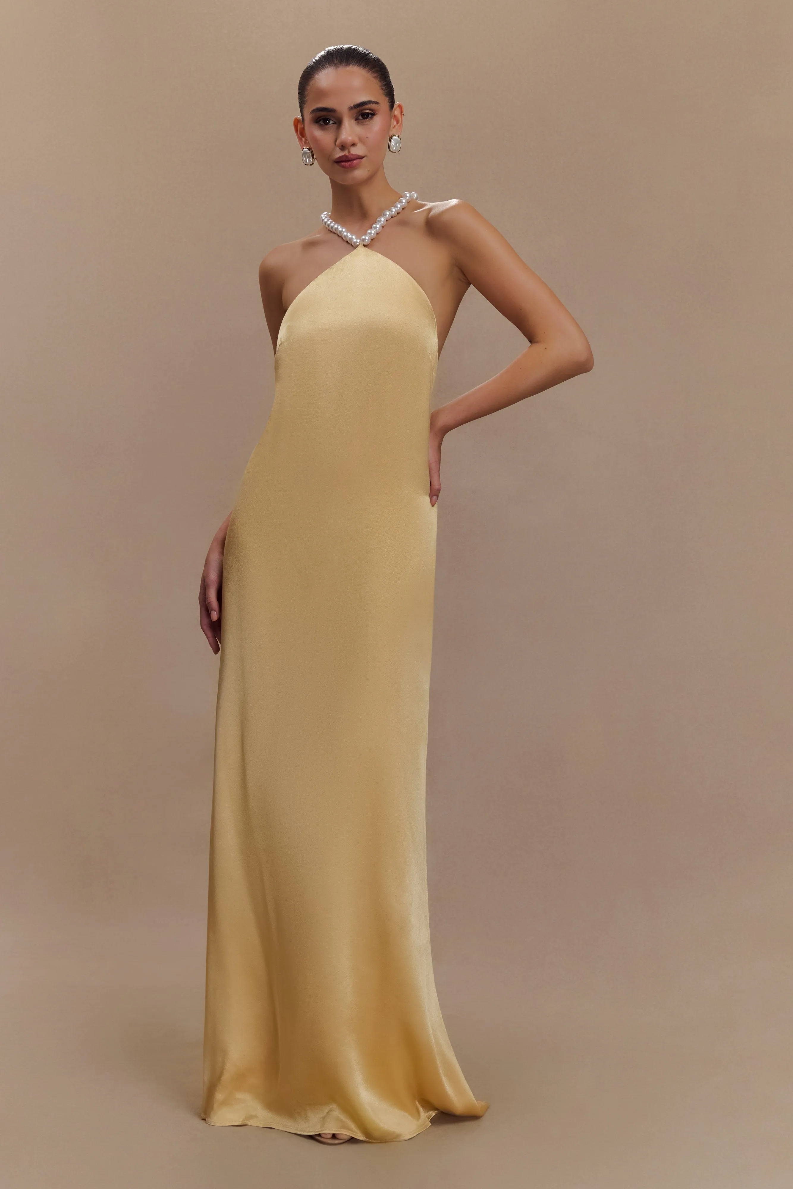 Blanche Satin Pearl Halter Maxi Dress - Peach