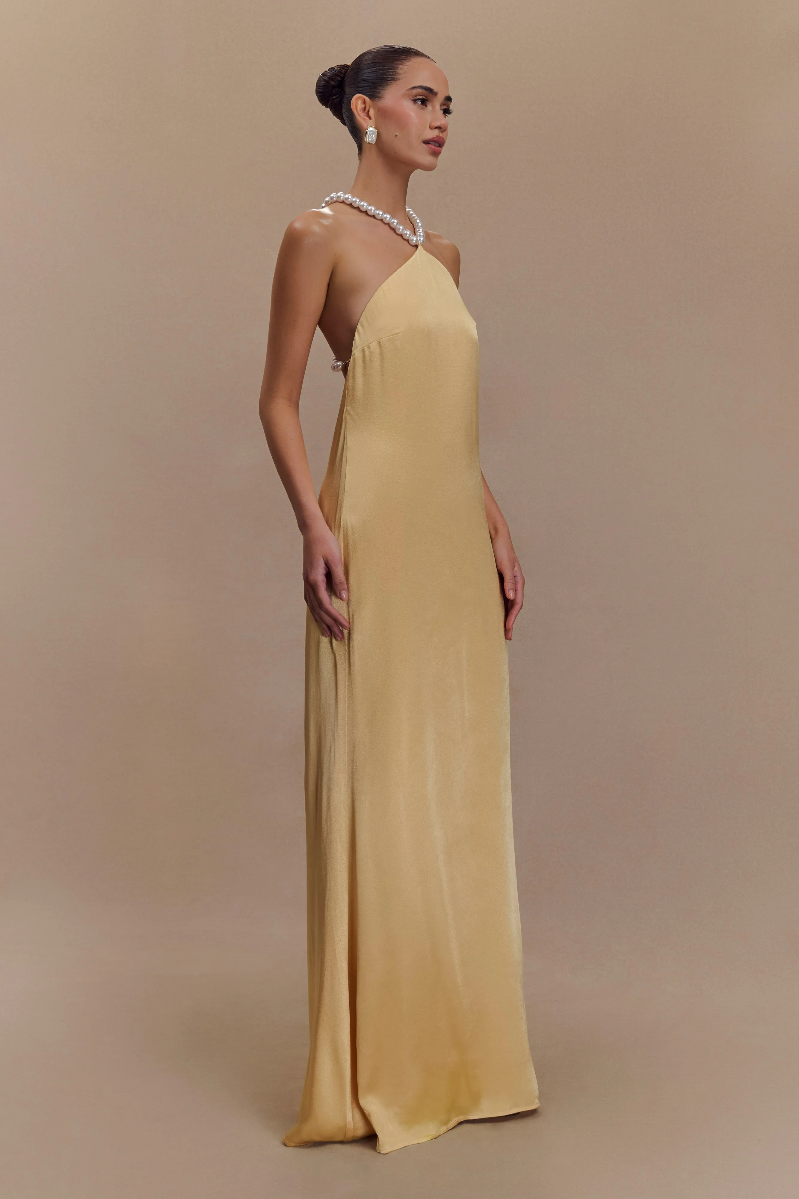 Blanche Satin Pearl Halter Maxi Dress - Peach