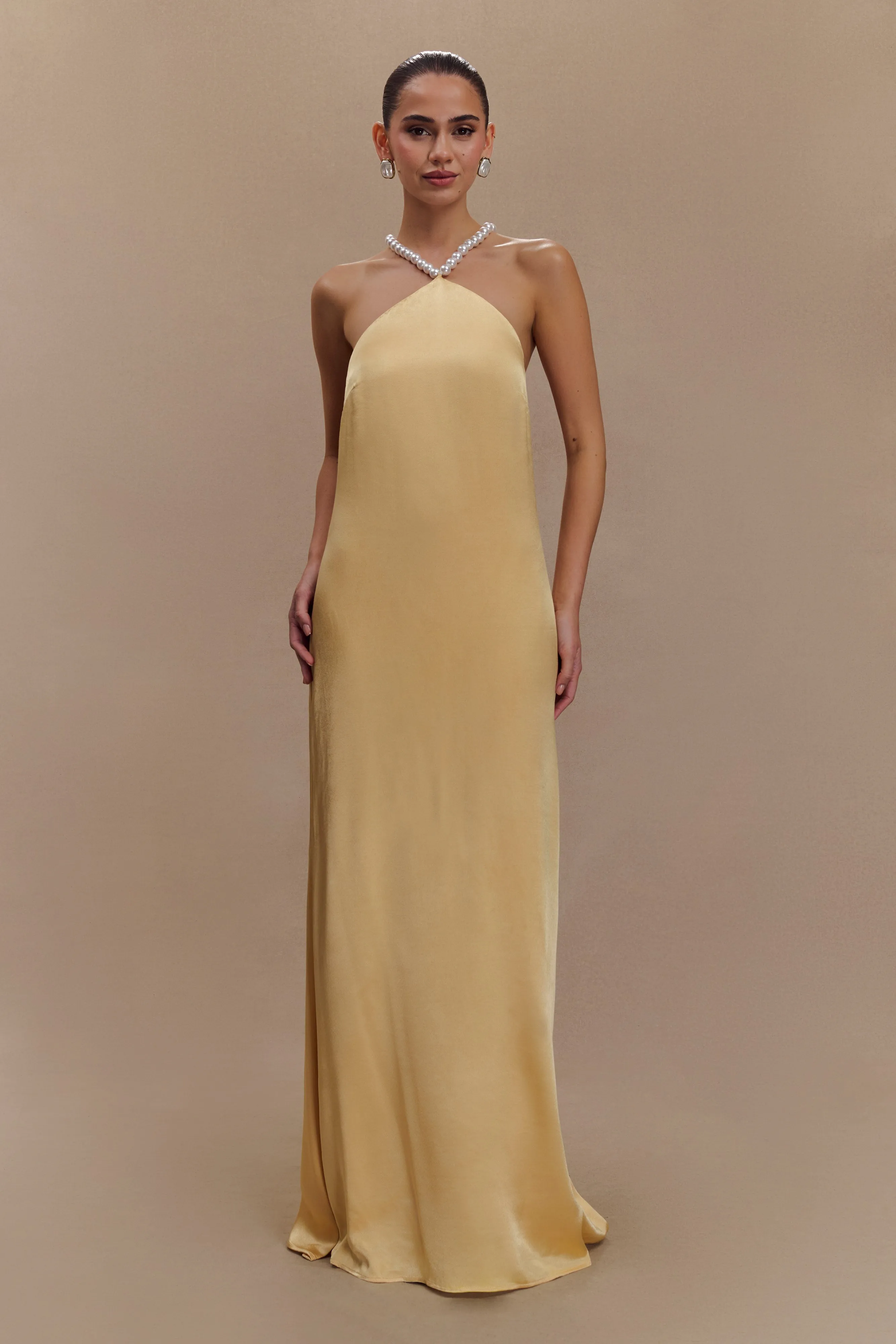 Blanche Satin Pearl Halter Maxi Dress - Peach