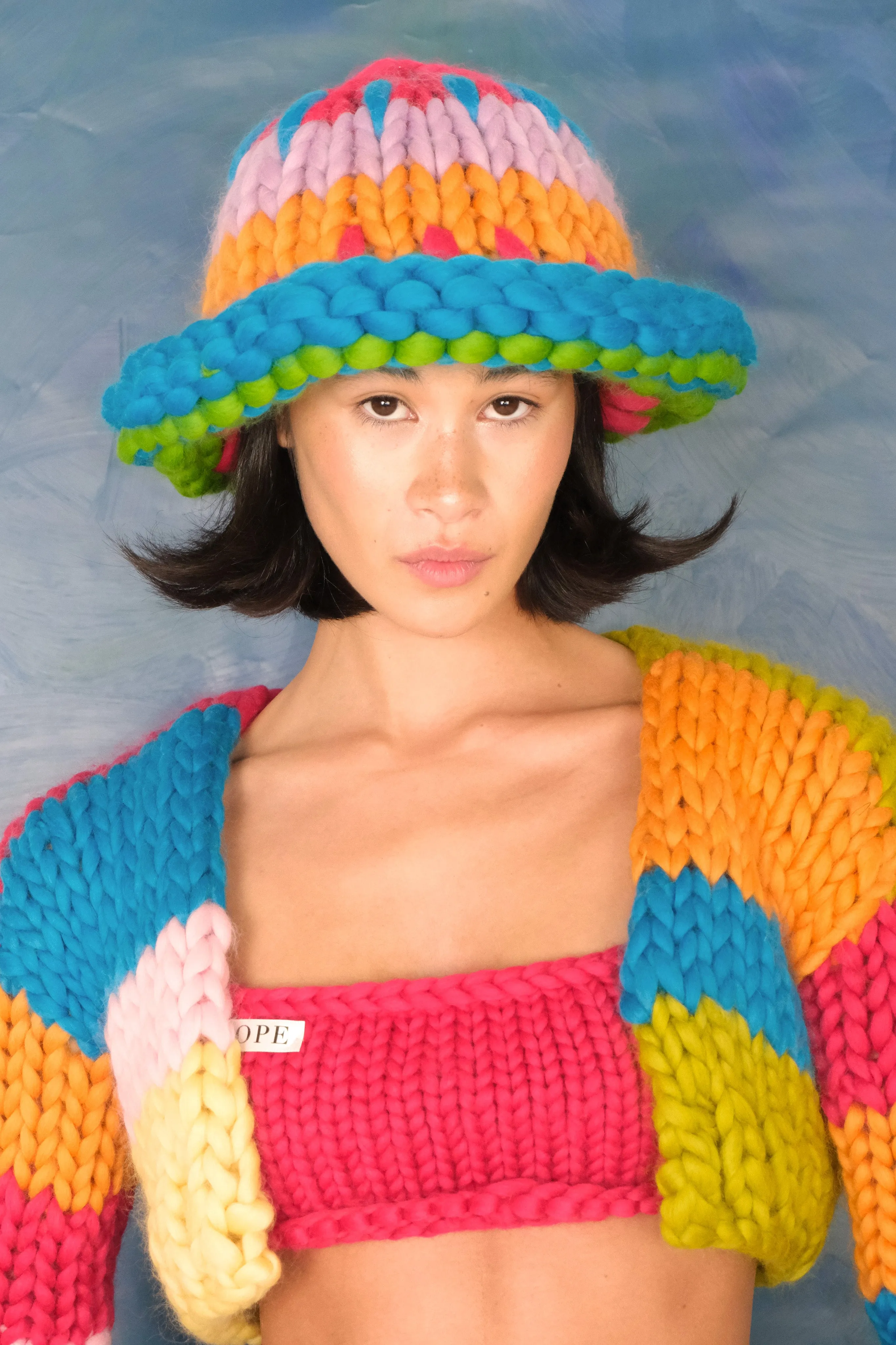 Blue Patchwork Colossal Knit Mushroom Hat