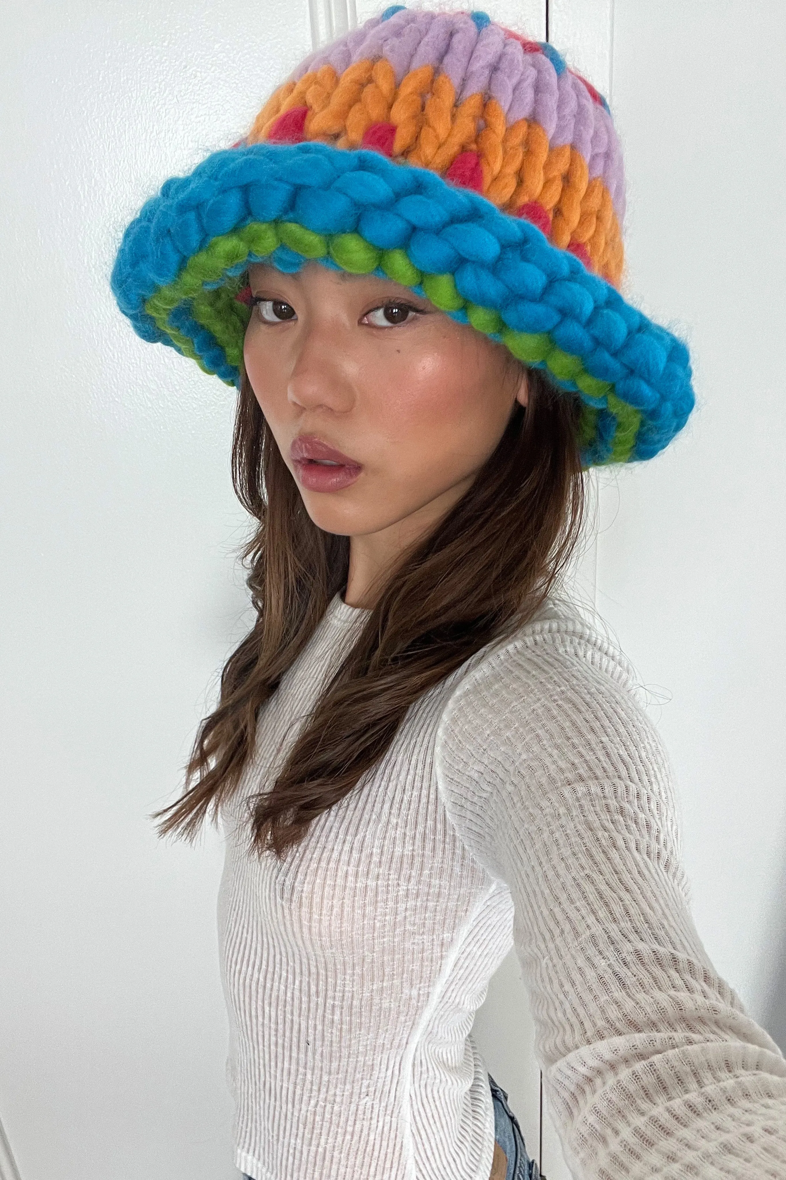 Blue Patchwork Colossal Knit Mushroom Hat