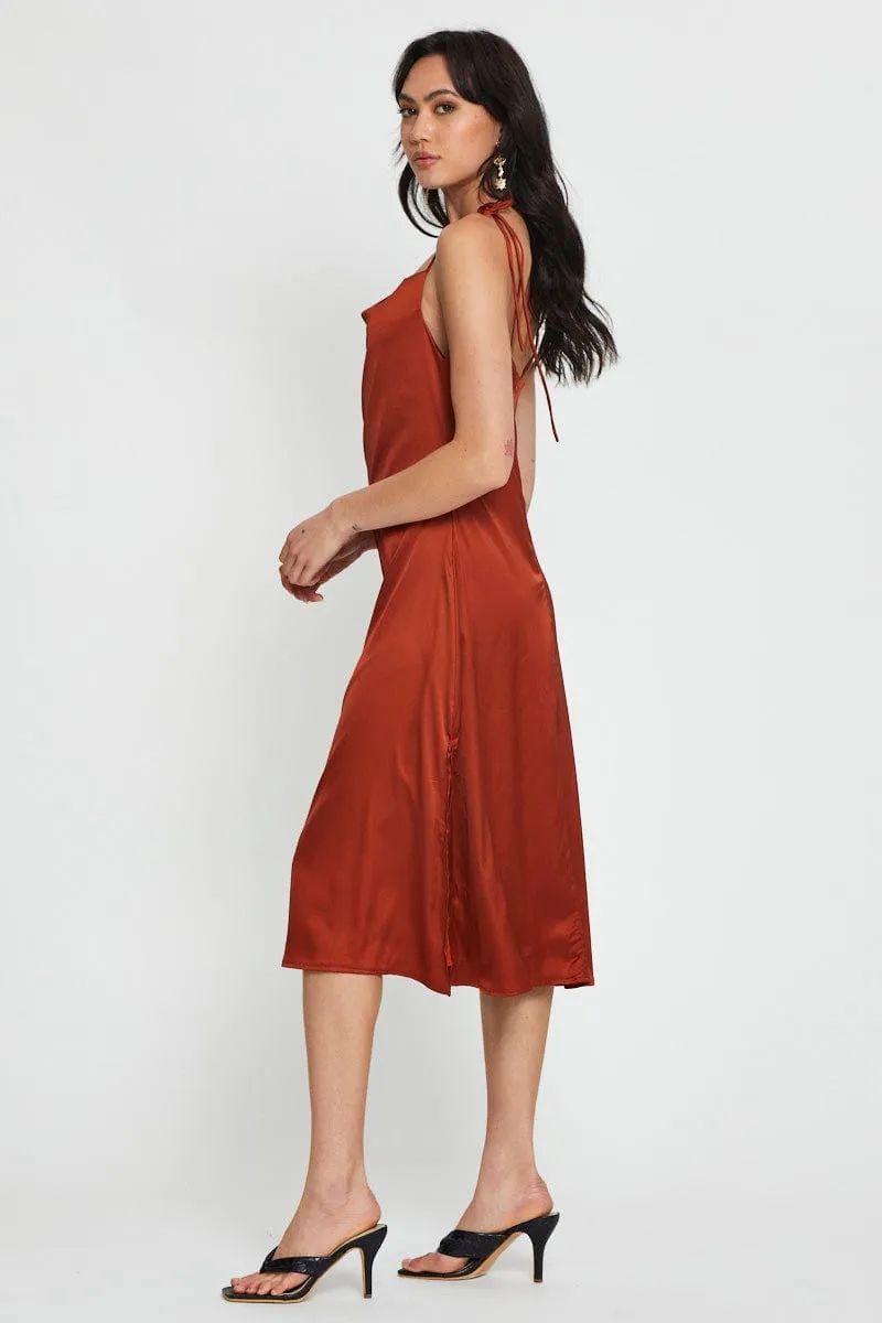 Brown Slip Dress Maxi Satin