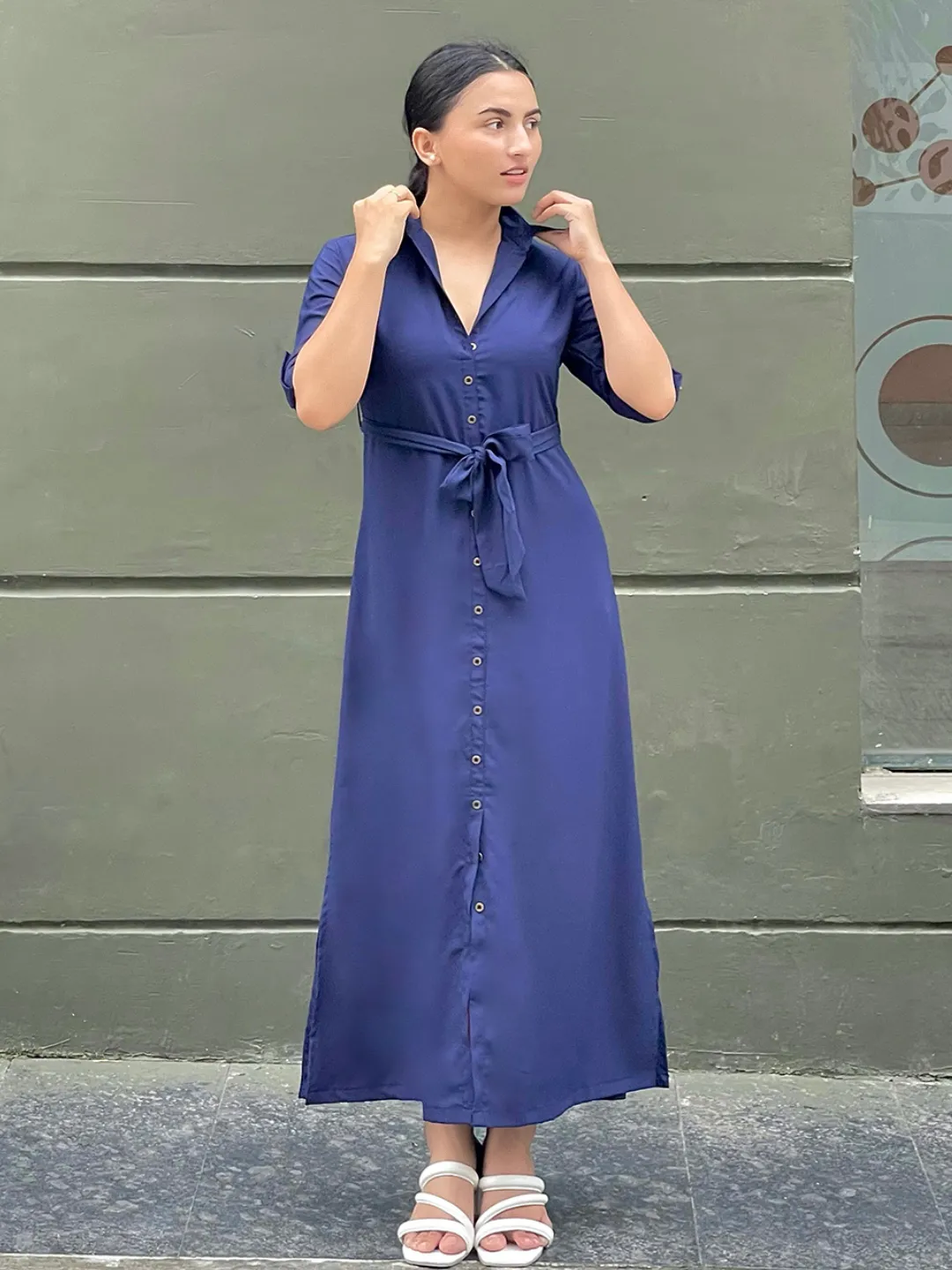 Collar Buttoned Down Shirt Maxi Dress