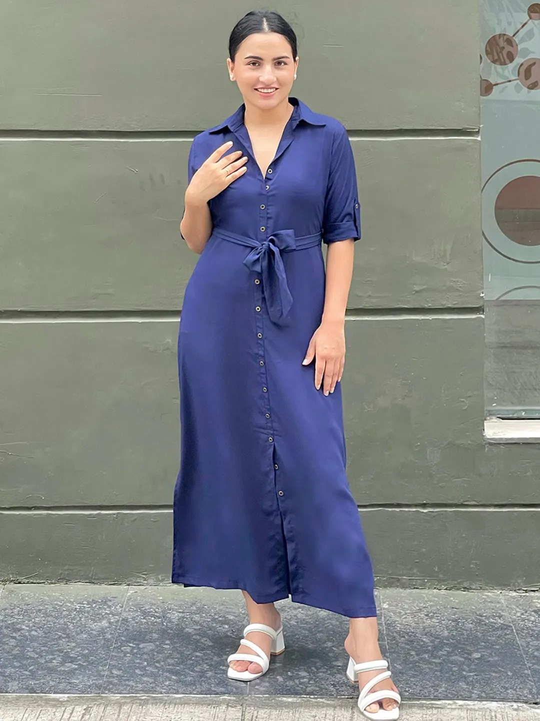 Collar Buttoned Down Shirt Maxi Dress