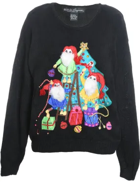 Festive Print Black Knit Christmas Jumper - M