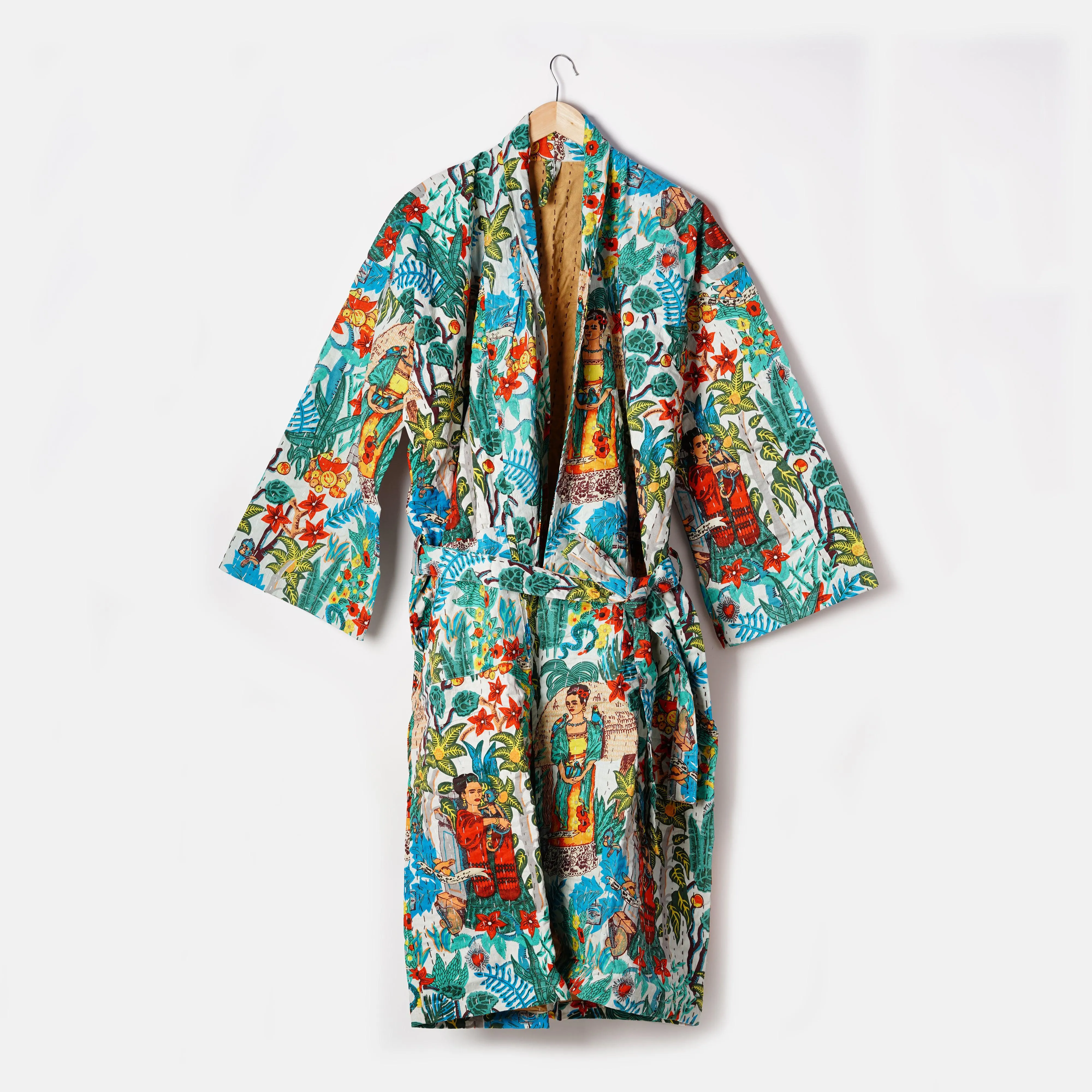 Frida Kahlo Kantha Quilted Kimono Bath Robes/ Night Suit -White