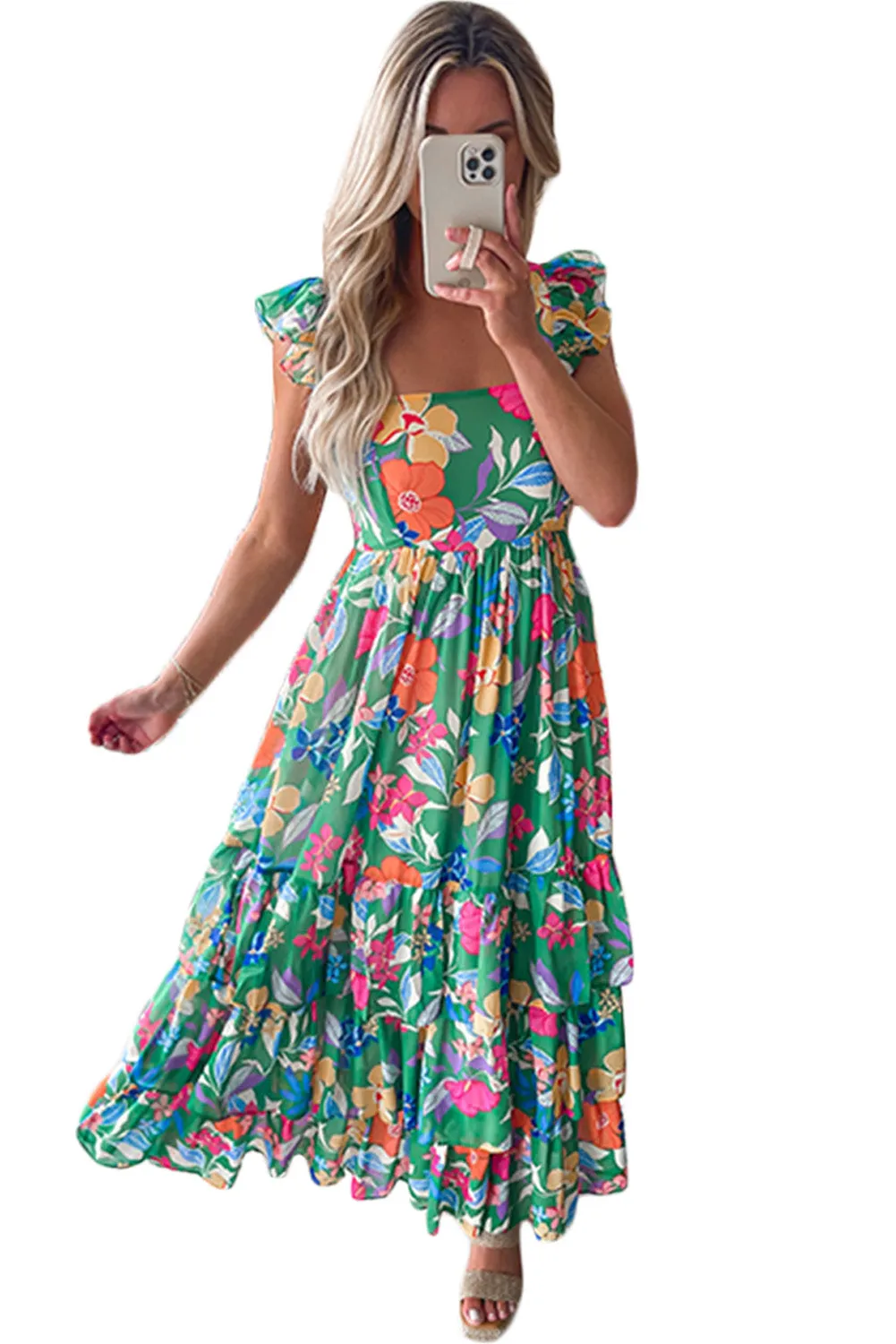 Green Boho Floral Print Ruffle Sleeveless Tiered Maxi Dress