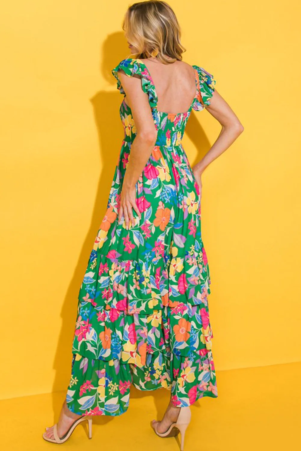 Green Boho Floral Print Ruffle Sleeveless Tiered Maxi Dress