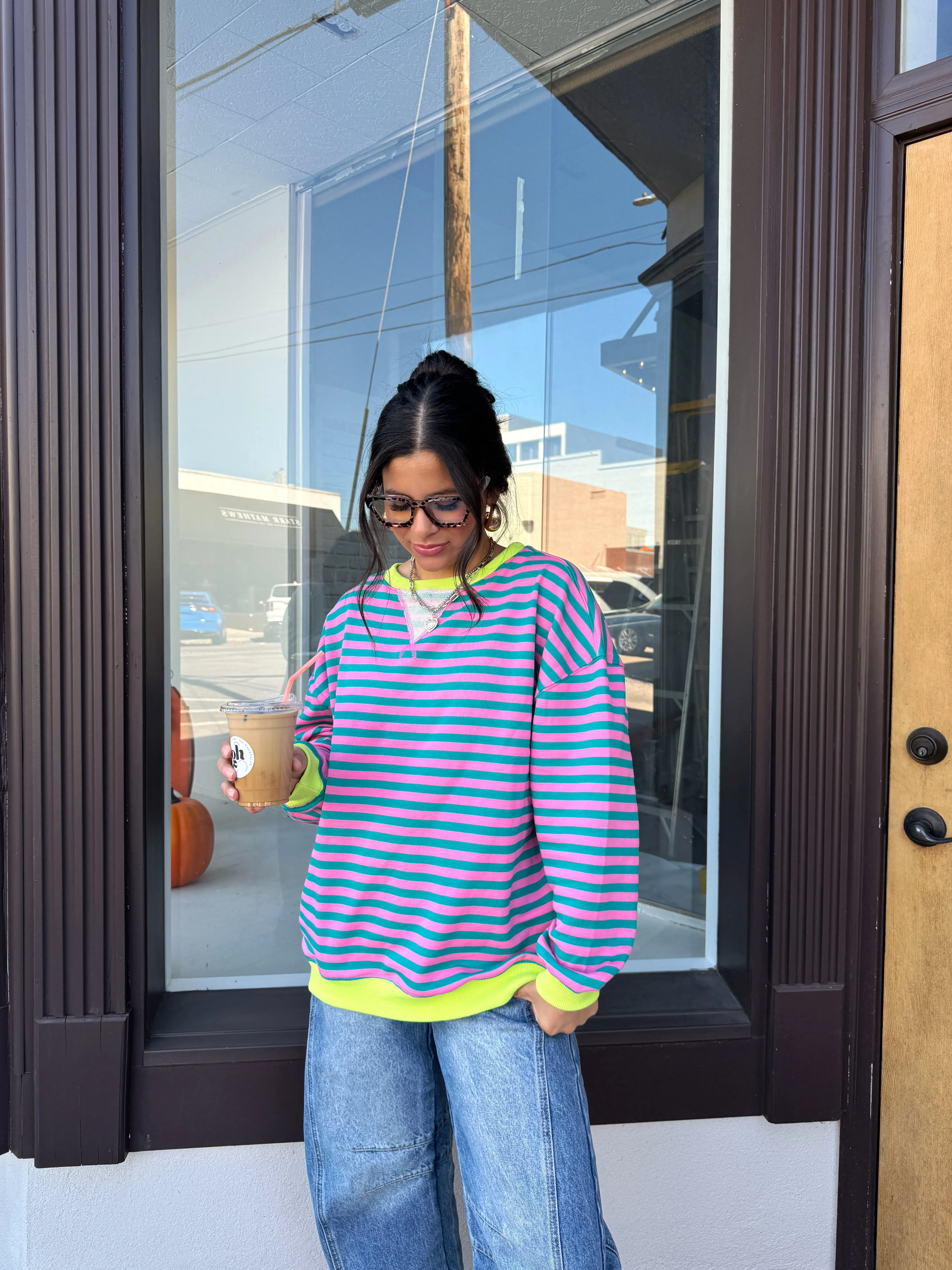 Guava Striped Oversized Crewneck