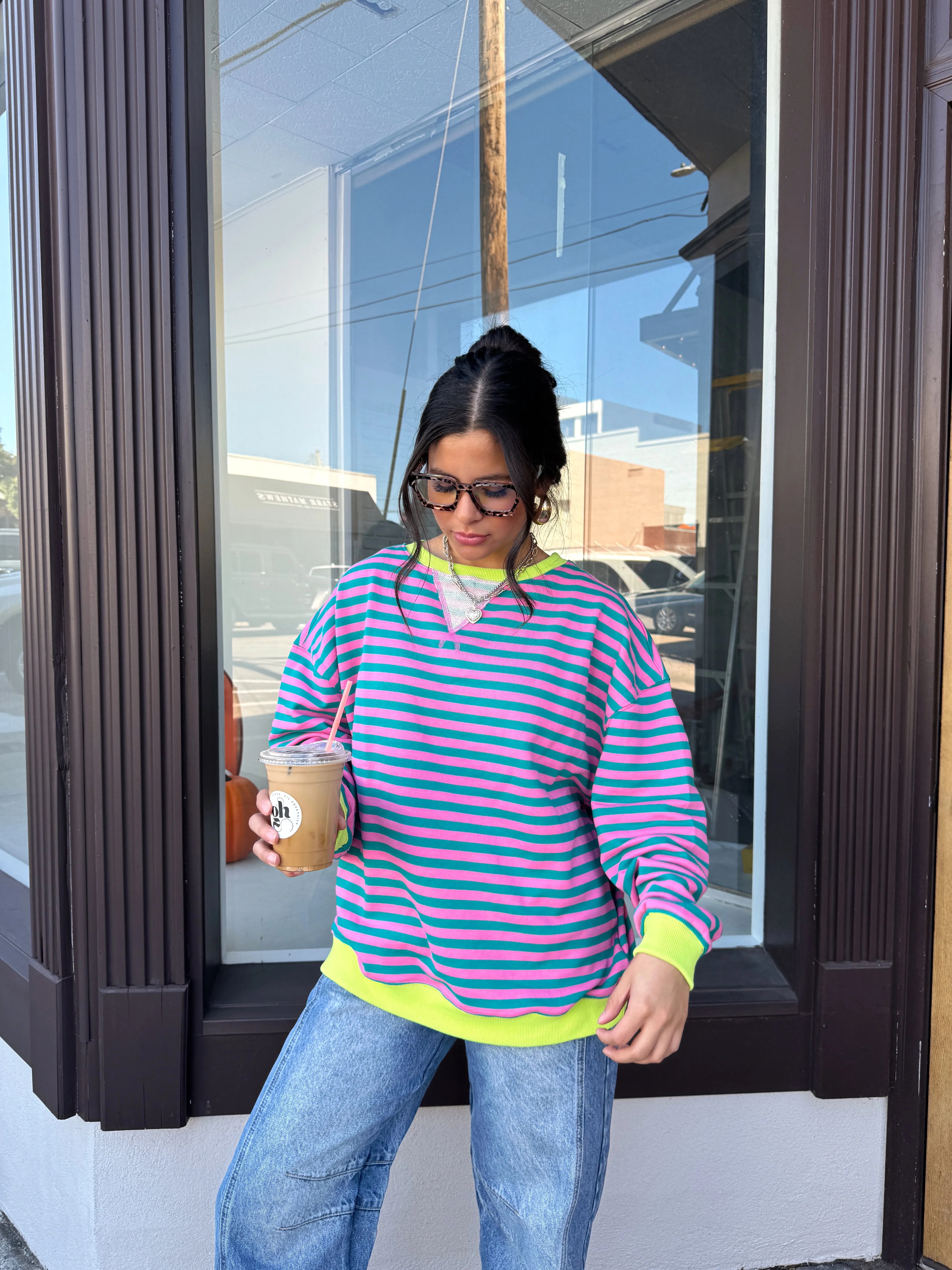 Guava Striped Oversized Crewneck