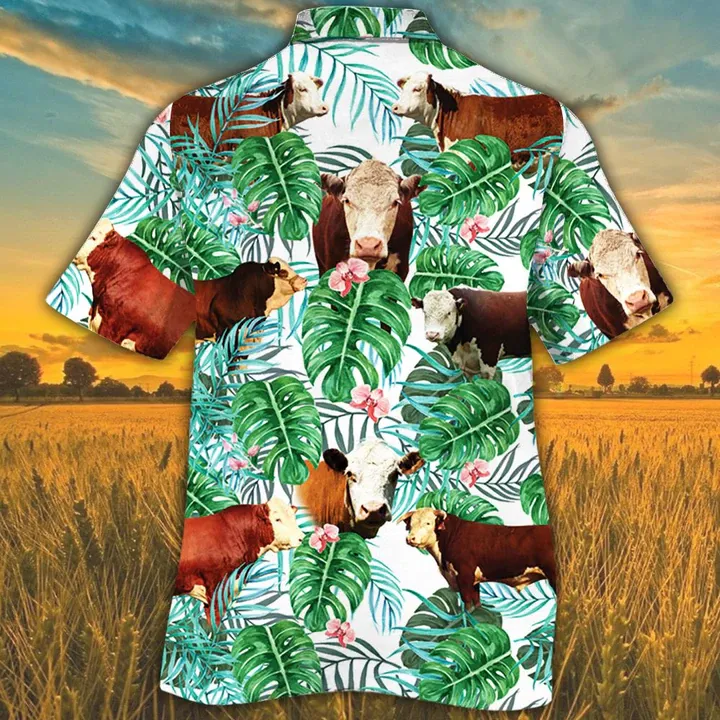 Hereford Cattle Lovers Tropical Plant Hawaiian Shirt, Cow Hawaiian shirt, Hawaiian shirts for men, women