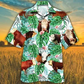 Hereford Cattle Lovers Tropical Plant Hawaiian Shirt, Cow Hawaiian shirt, Hawaiian shirts for men, women