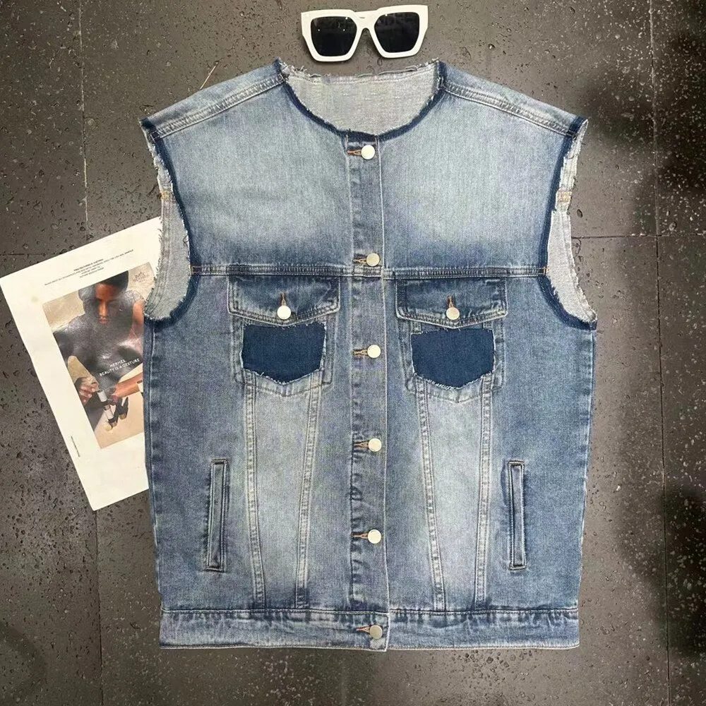 Hit Color Denim Waistcoats For Women Round Neck Sleeveless Patchwork Pocket Loose Coat Female Fashion Clothing