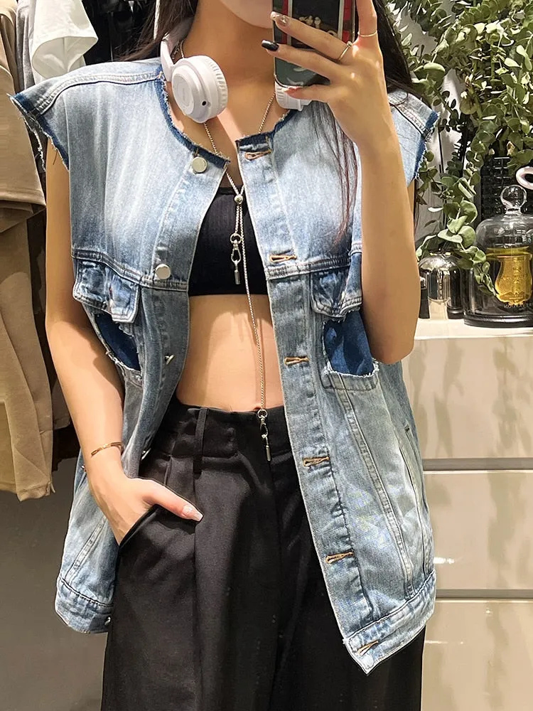 Hit Color Denim Waistcoats For Women Round Neck Sleeveless Patchwork Pocket Loose Coat Female Fashion Clothing