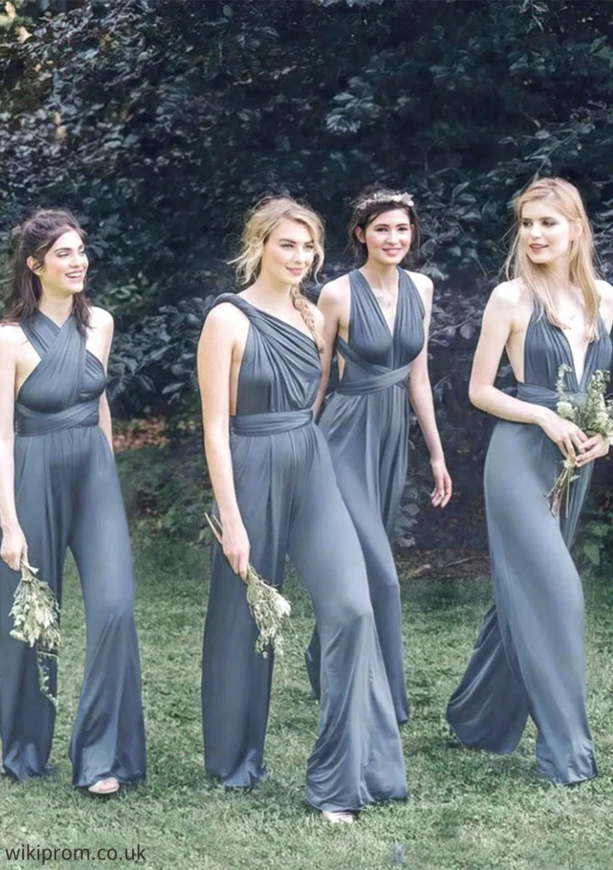 Jumpsuit/Pantsuit Sleeveless Long/Floor-Length Jersey Bridesmaid Dresses With Pleated Julie SWKP0025397