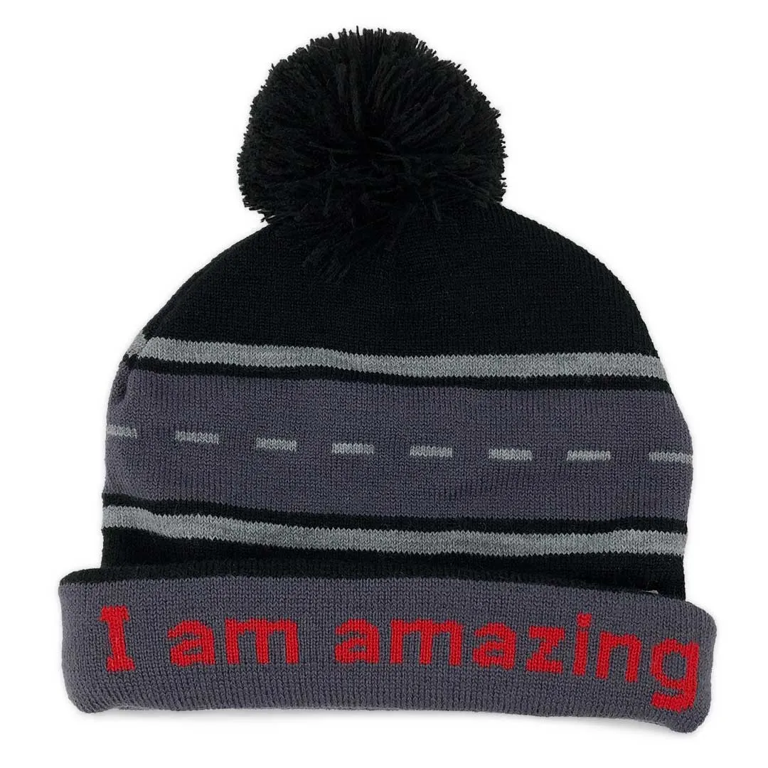 knit beanie with I am amazing™ on inside cuff