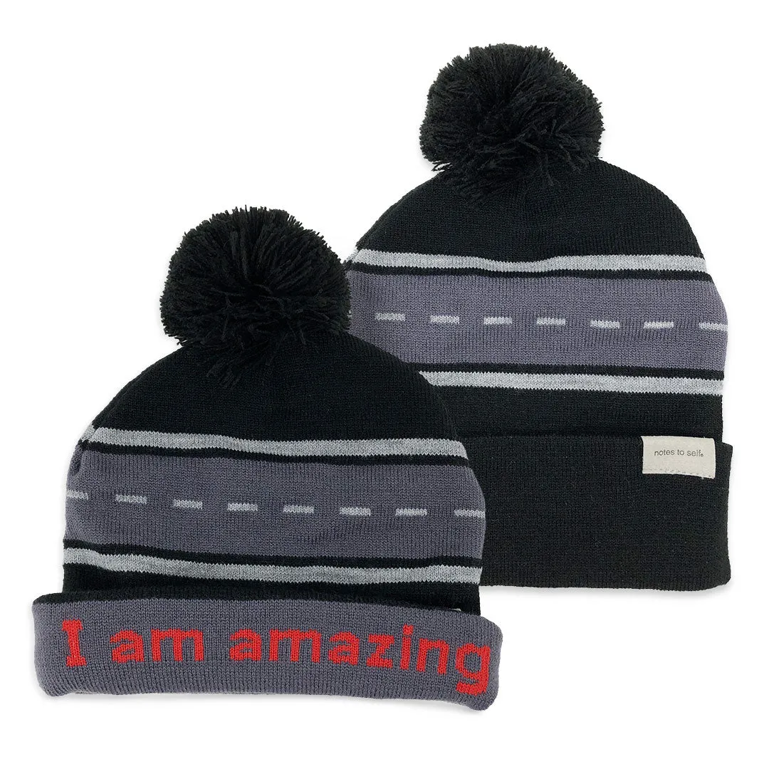 knit beanie with I am amazing™ on inside cuff