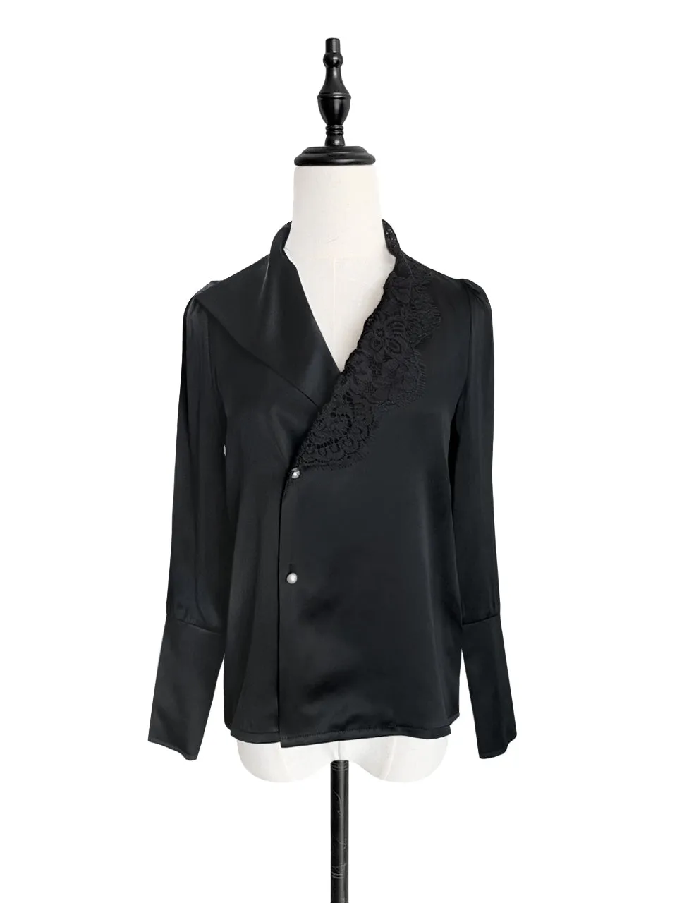 Last Chance! Black Asymmetrical Lace Collar Long Sleeve Silk Shirt