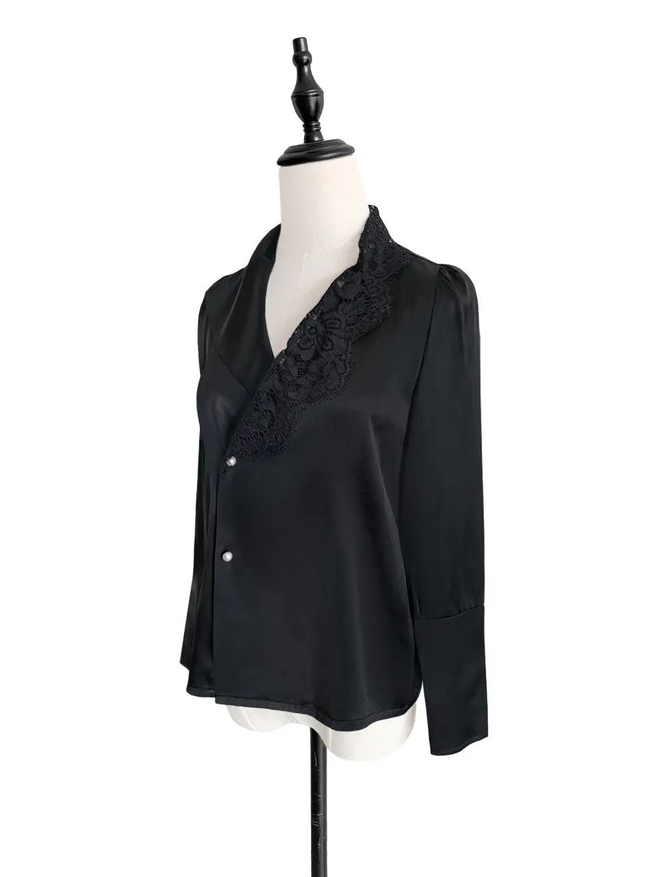 Last Chance! Black Asymmetrical Lace Collar Long Sleeve Silk Shirt