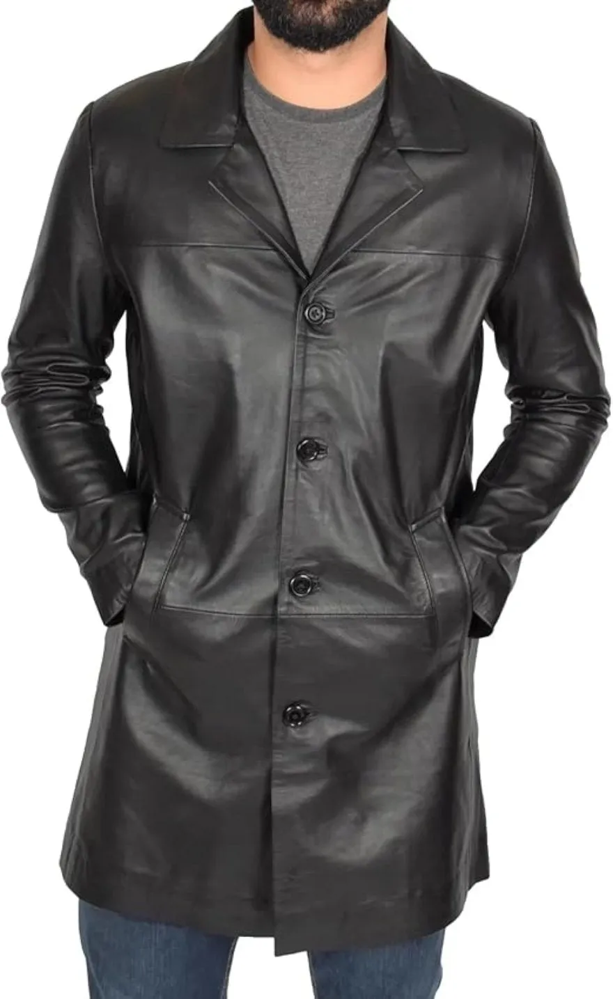 Long Black Leather Trench Coat Mens