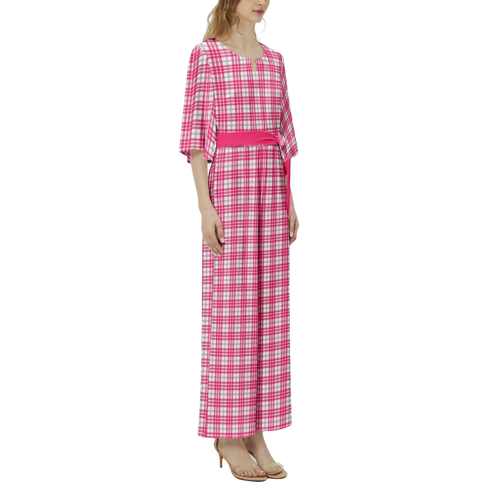 M Kemp Pink Plaid Dolman Sleeve Belted Wide Leg Jumpsuit