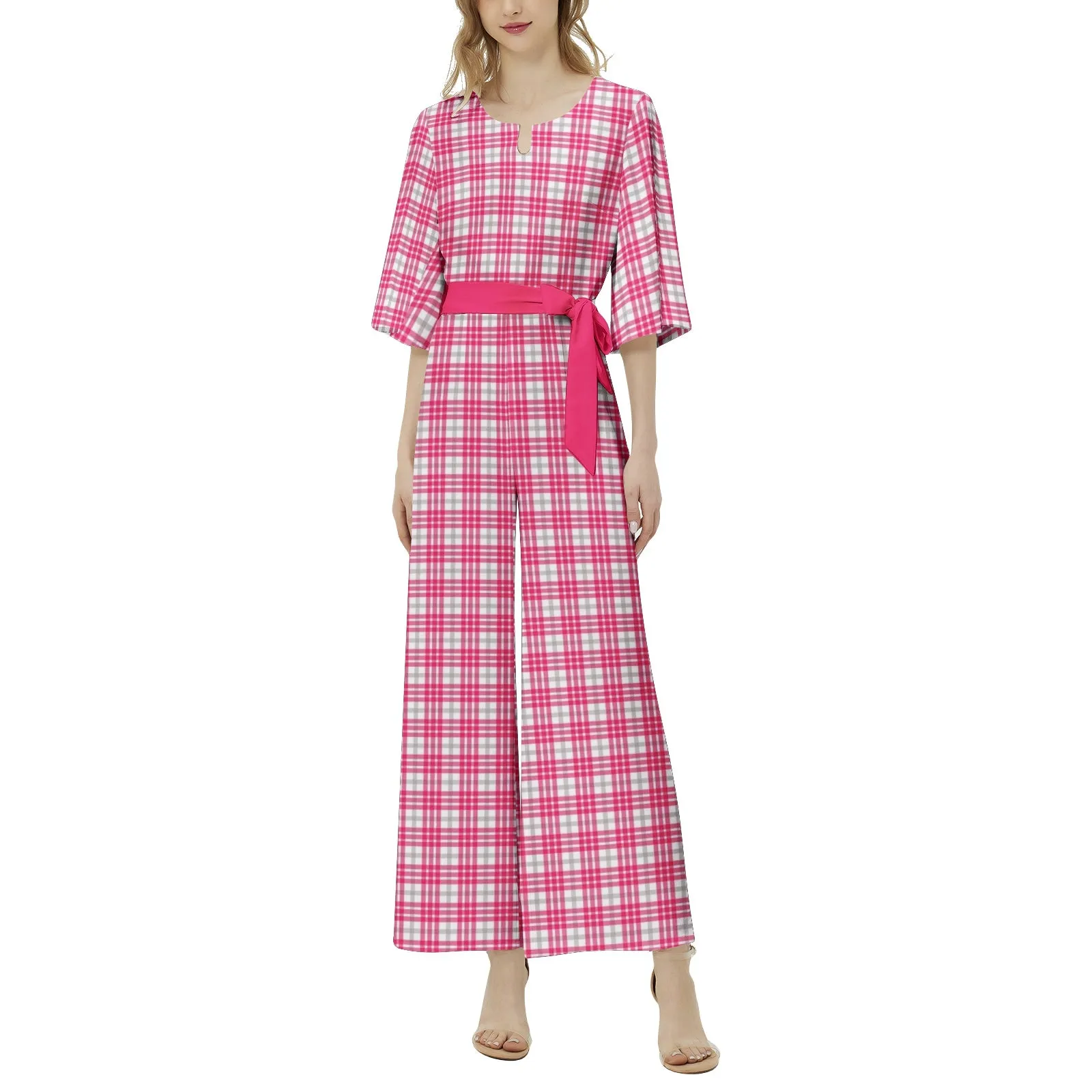 M Kemp Pink Plaid Dolman Sleeve Belted Wide Leg Jumpsuit