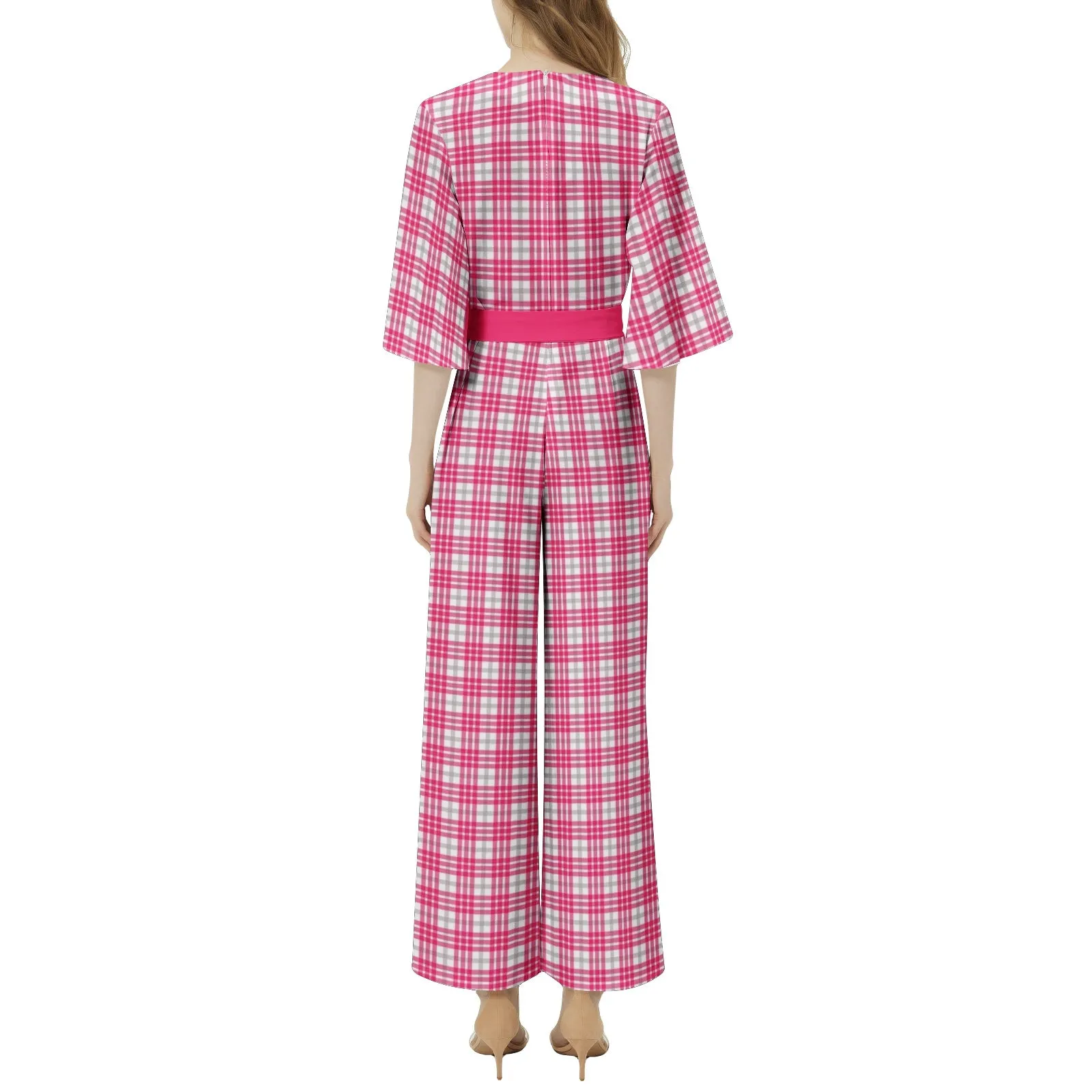 M Kemp Pink Plaid Dolman Sleeve Belted Wide Leg Jumpsuit